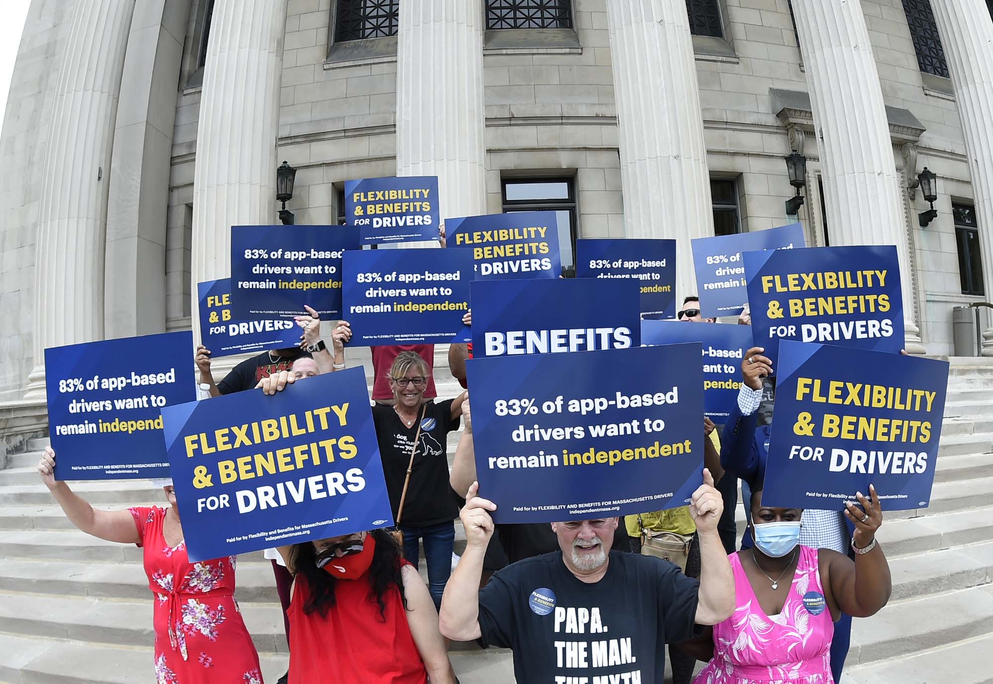 Supporters of the Massachusetts Coalition for Independent Work gather at Springfield City Hall on August 3, 2021. Photo by Christopher Evans.