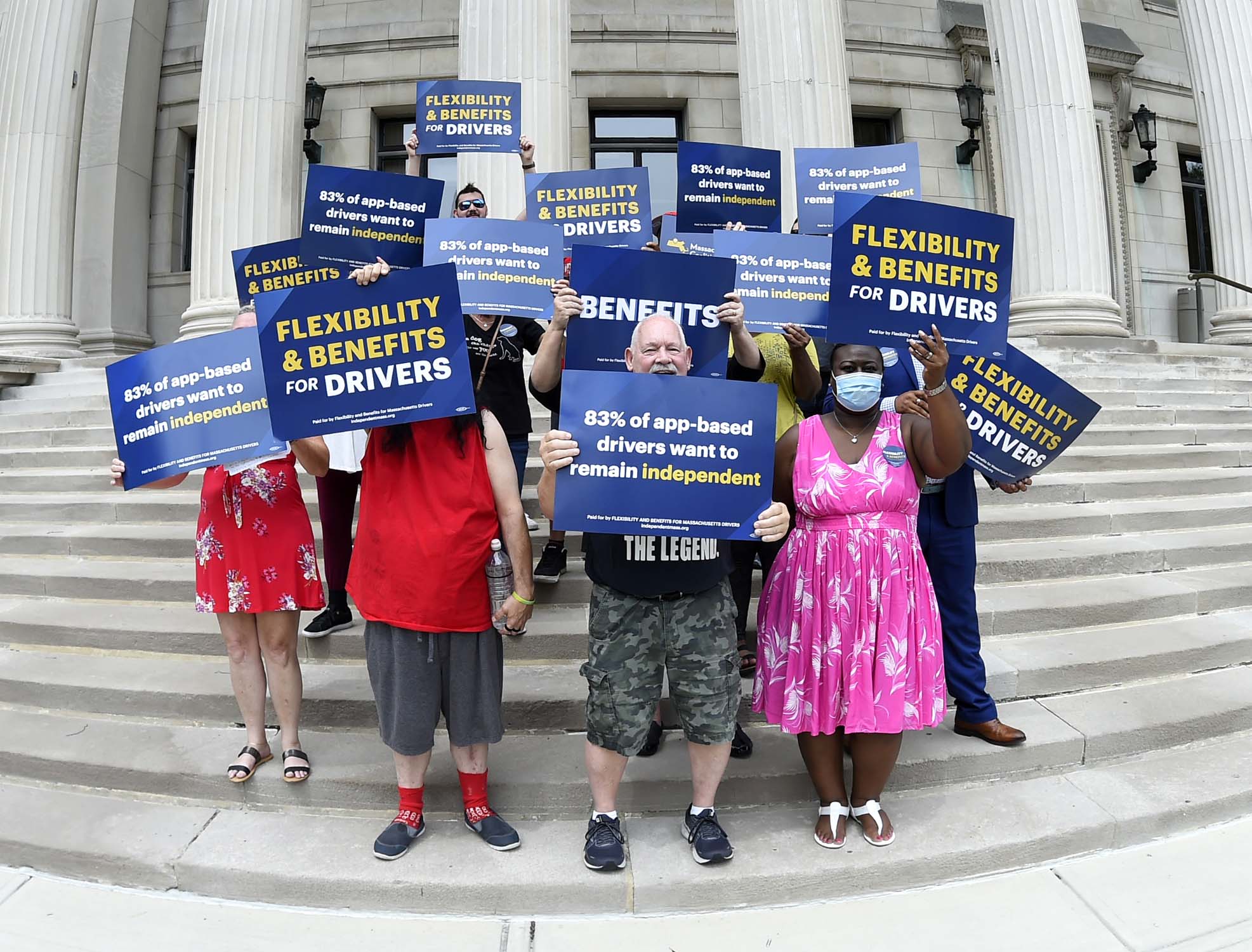 Supporters of the Massachusetts Coalition for Independent Work gather at Springfield City Hall on August 3, 2021. Photo by Christopher Evans.