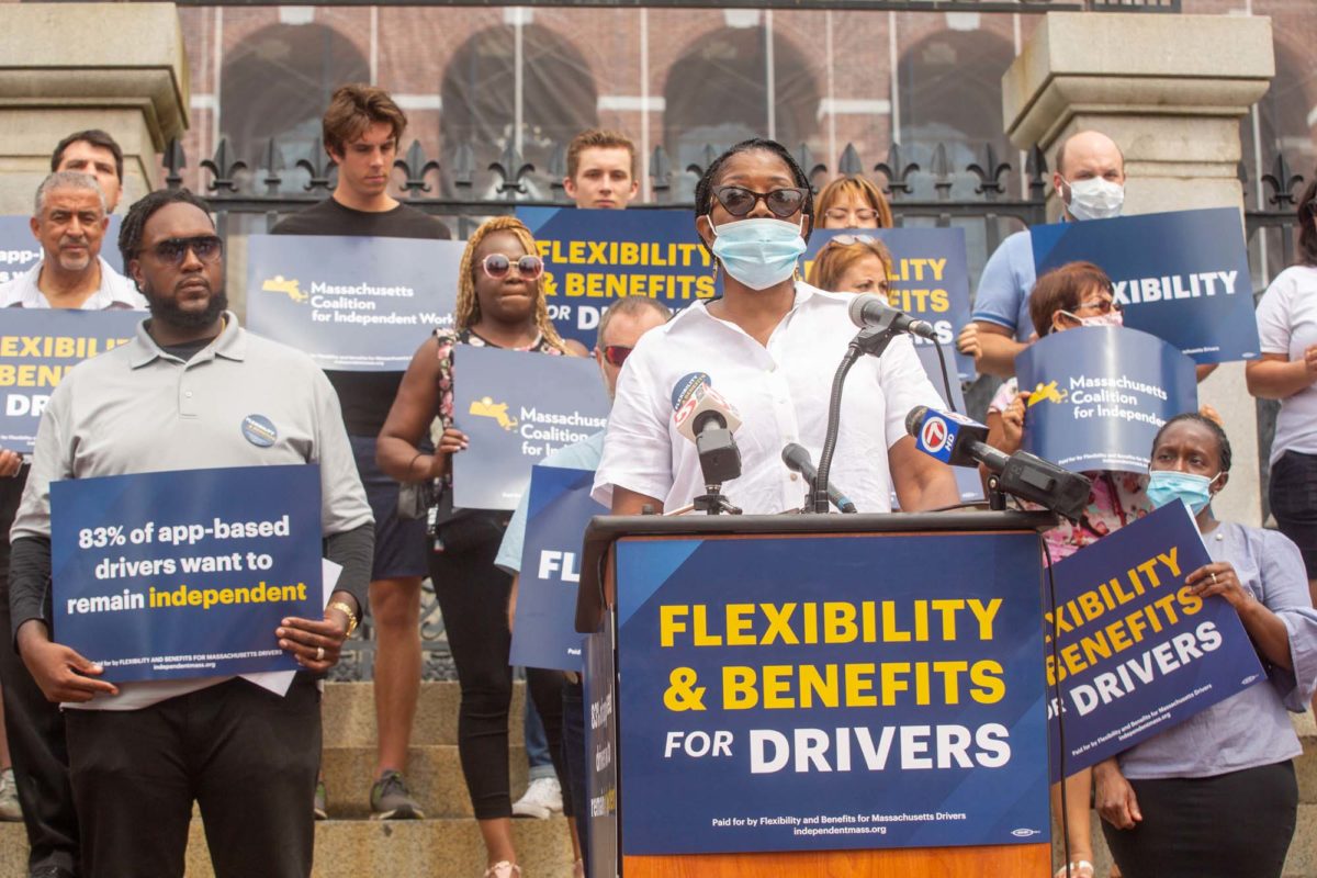 Supporters of the Massachusetts Coalition for Independent Work gather at the State House on August 3, 2021. Photo by Bethany Versoy.